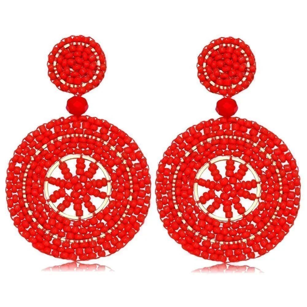 Red Beaded Double Round Disc Boho Dangling Drop Statement Post Back Earrings